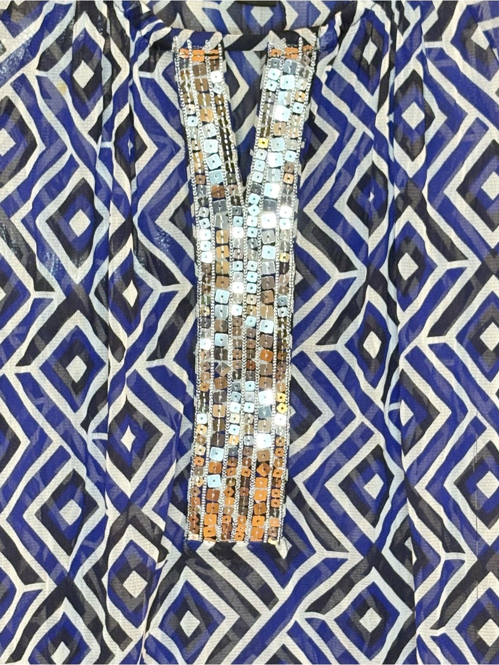 INC International Concepts Blue Geometric Sequin Peasant Blouse - Picture 4 of 9